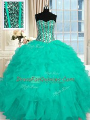 Customized Aqua Blue Sweetheart Neckline Beading and Ruffles Sweet 16 Dress Sleeveless Lace Up