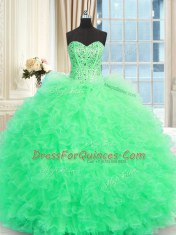 Exquisite Three Piece Apple Green Ball Gowns Strapless Sleeveless Tulle Floor Length Lace Up Beading and Ruffles 15th Birthday Dress