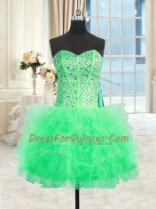 Exquisite Three Piece Apple Green Ball Gowns Strapless Sleeveless Tulle Floor Length Lace Up Beading and Ruffles 15th Birthday Dress