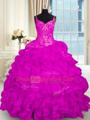 Charming Fuchsia Quinceanera Dresses Organza Brush Train Sleeveless Beading and Embroidery and Ruffles