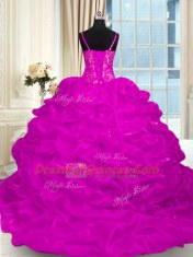 Charming Fuchsia Quinceanera Dresses Organza Brush Train Sleeveless Beading and Embroidery and Ruffles