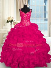 Smart Lace Up Sweet 16 Quinceanera Dress Hot Pink for Military Ball and Sweet 16 and Quinceanera with Beading and Embroidery and Ruffles Brush Train