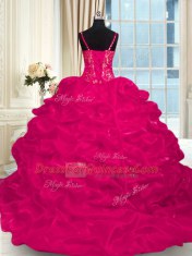 Smart Lace Up Sweet 16 Quinceanera Dress Hot Pink for Military Ball and Sweet 16 and Quinceanera with Beading and Embroidery and Ruffles Brush Train