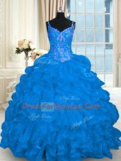 Sumptuous Pick Ups Brush Train Ball Gowns Sweet 16 Dresses Blue Spaghetti Straps Organza Sleeveless Lace Up