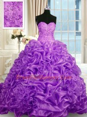Organza Sweetheart Sleeveless Sweep Train Lace Up Beading and Pick Ups Quince Ball Gowns in Fuchsia