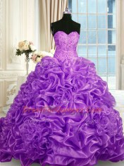 Organza Sweetheart Sleeveless Sweep Train Lace Up Beading and Pick Ups Quince Ball Gowns in Fuchsia