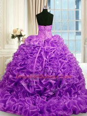 Organza Sweetheart Sleeveless Sweep Train Lace Up Beading and Pick Ups Quince Ball Gowns in Fuchsia