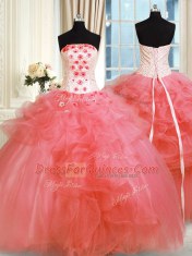 Affordable Tulle Strapless Sleeveless Lace Up Pick Ups and Hand Made Flower 15th Birthday Dress in Watermelon Red