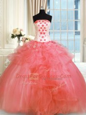 Affordable Tulle Strapless Sleeveless Lace Up Pick Ups and Hand Made Flower 15th Birthday Dress in Watermelon Red