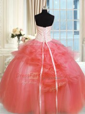 Affordable Tulle Strapless Sleeveless Lace Up Pick Ups and Hand Made Flower 15th Birthday Dress in Watermelon Red