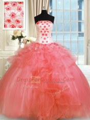 Affordable Tulle Strapless Sleeveless Lace Up Pick Ups and Hand Made Flower 15th Birthday Dress in Watermelon Red