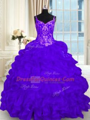 Elegant Purple Lace Up Sweet 16 Dress Beading and Embroidery and Ruffles and Pick Ups Sleeveless Brush Train