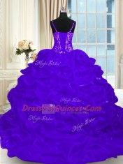 Elegant Purple Lace Up Sweet 16 Dress Beading and Embroidery and Ruffles and Pick Ups Sleeveless Brush Train