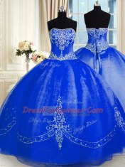 Edgy Royal Blue Ball Gowns Strapless Sleeveless Organza Floor Length Lace Up Beading and Embroidery Quinceanera Gown