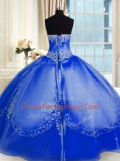 Edgy Royal Blue Ball Gowns Strapless Sleeveless Organza Floor Length Lace Up Beading and Embroidery Quinceanera Gown