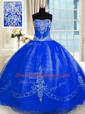 Edgy Royal Blue Ball Gowns Strapless Sleeveless Organza Floor Length Lace Up Beading and Embroidery Quinceanera Gown