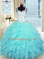 Perfect Aqua Blue Quinceanera Dress Military Ball and Sweet 16 and Quinceanera and For with Beading and Appliques and Ruffles Sweetheart Sleeveless Lace Up