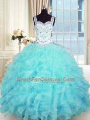 Perfect Aqua Blue Quinceanera Dress Military Ball and Sweet 16 and Quinceanera and For with Beading and Appliques and Ruffles Sweetheart Sleeveless Lace Up