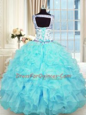 Perfect Aqua Blue Quinceanera Dress Military Ball and Sweet 16 and Quinceanera and For with Beading and Appliques and Ruffles Sweetheart Sleeveless Lace Up
