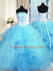Popular Baby Blue Quince Ball Gowns Military Ball and Sweet 16 and Quinceanera and For with Pick Ups and Hand Made Flower Strapless Sleeveless Lace Up