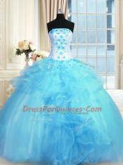 Popular Baby Blue Quince Ball Gowns Military Ball and Sweet 16 and Quinceanera and For with Pick Ups and Hand Made Flower Strapless Sleeveless Lace Up