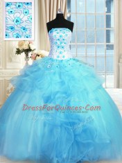 Popular Baby Blue Quince Ball Gowns Military Ball and Sweet 16 and Quinceanera and For with Pick Ups and Hand Made Flower Strapless Sleeveless Lace Up