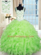 Low Price Yellow Green Lace Up Straps Beading and Ruffles Quinceanera Gowns Organza Sleeveless
