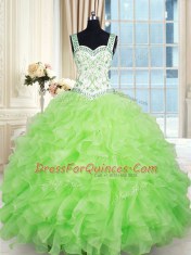 Low Price Yellow Green Lace Up Straps Beading and Ruffles Quinceanera Gowns Organza Sleeveless