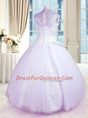 Glittering Sleeveless Tulle Floor Length Zipper Quinceanera Gowns in Lavender with Beading