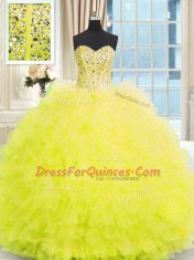 Dramatic Sleeveless Tulle Floor Length Lace Up Quinceanera Gown in Light Yellow with Beading and Ruffles