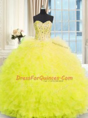 Dramatic Sleeveless Tulle Floor Length Lace Up Quinceanera Gown in Light Yellow with Beading and Ruffles