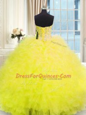 Dramatic Sleeveless Tulle Floor Length Lace Up Quinceanera Gown in Light Yellow with Beading and Ruffles