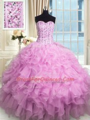 Superior Lilac Organza Lace Up Quinceanera Gowns Sleeveless Floor Length Beading and Ruffles and Sequins