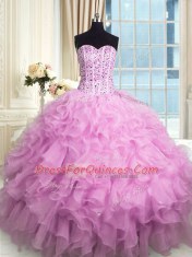 Superior Lilac Organza Lace Up Quinceanera Gowns Sleeveless Floor Length Beading and Ruffles and Sequins