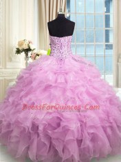 Superior Lilac Organza Lace Up Quinceanera Gowns Sleeveless Floor Length Beading and Ruffles and Sequins