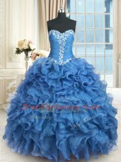 Sleeveless Floor Length Beading and Ruffles Lace Up Quince Ball Gowns with Baby Blue