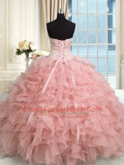 Fine Baby Pink Organza Lace Up Sweetheart Sleeveless Floor Length Vestidos de Quinceanera Beading and Ruffles