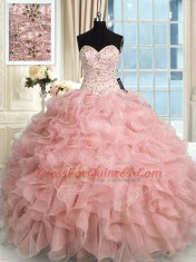 Fine Baby Pink Organza Lace Up Sweetheart Sleeveless Floor Length Vestidos de Quinceanera Beading and Ruffles