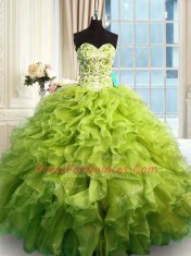 Floor Length Olive Green Quince Ball Gowns Sweetheart Sleeveless Lace Up
