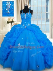 Blue Spaghetti Straps Lace Up Beading and Pick Ups Quinceanera Dress Sleeveless