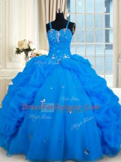 Blue Spaghetti Straps Lace Up Beading and Pick Ups Quinceanera Dress Sleeveless