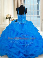 Blue Spaghetti Straps Lace Up Beading and Pick Ups Quinceanera Dress Sleeveless