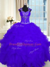 Trendy Purple Ball Gowns Straps Cap Sleeves Organza Floor Length Lace Up Beading and Ruffles Sweet 16 Quinceanera Dress