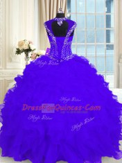 Trendy Purple Ball Gowns Straps Cap Sleeves Organza Floor Length Lace Up Beading and Ruffles Sweet 16 Quinceanera Dress
