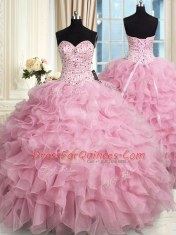 Elegant Rose Pink Lace Up Quinceanera Dress Beading and Ruffles Sleeveless Floor Length