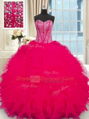 Customized Coral Red Sleeveless Floor Length Beading and Ruffles Lace Up Quinceanera Gown
