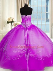Floor Length Purple Vestidos de Quinceanera Organza Sleeveless Beading and Embroidery