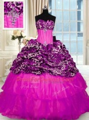 Fantastic Printed Beading and Ruffled Layers and Sequins Sweet 16 Dress Fuchsia Lace Up Sleeveless Sweep Train
