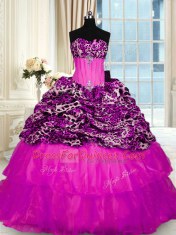 Fantastic Printed Beading and Ruffled Layers and Sequins Sweet 16 Dress Fuchsia Lace Up Sleeveless Sweep Train