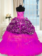 Fantastic Printed Beading and Ruffled Layers and Sequins Sweet 16 Dress Fuchsia Lace Up Sleeveless Sweep Train